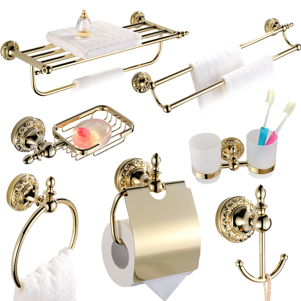 

Wall Mounted Antique Bathroom Solid Brass Gold Ti Pvd Finish Bathroom Accessories Shelf/Brush Holder/ Towel Rack/ Robe Hooks/