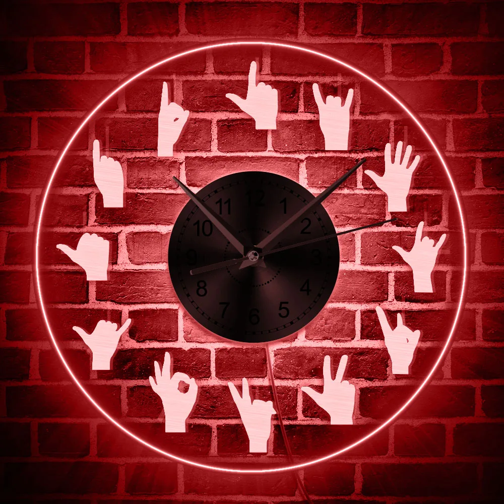 

Hand Signs LED Neon Wall Clock Acrylic LED Edge Lit Hanging Wall Watch Hand Gestures Vintage Design Illuminated Wall Clock
