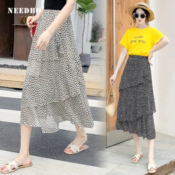 

NEEDBO Long Skirt Chiffon Elastic High Waist Summer Midi Skirts Fashion Cupcake Faldas Dot Elegant Skirt Women Fashion 2019