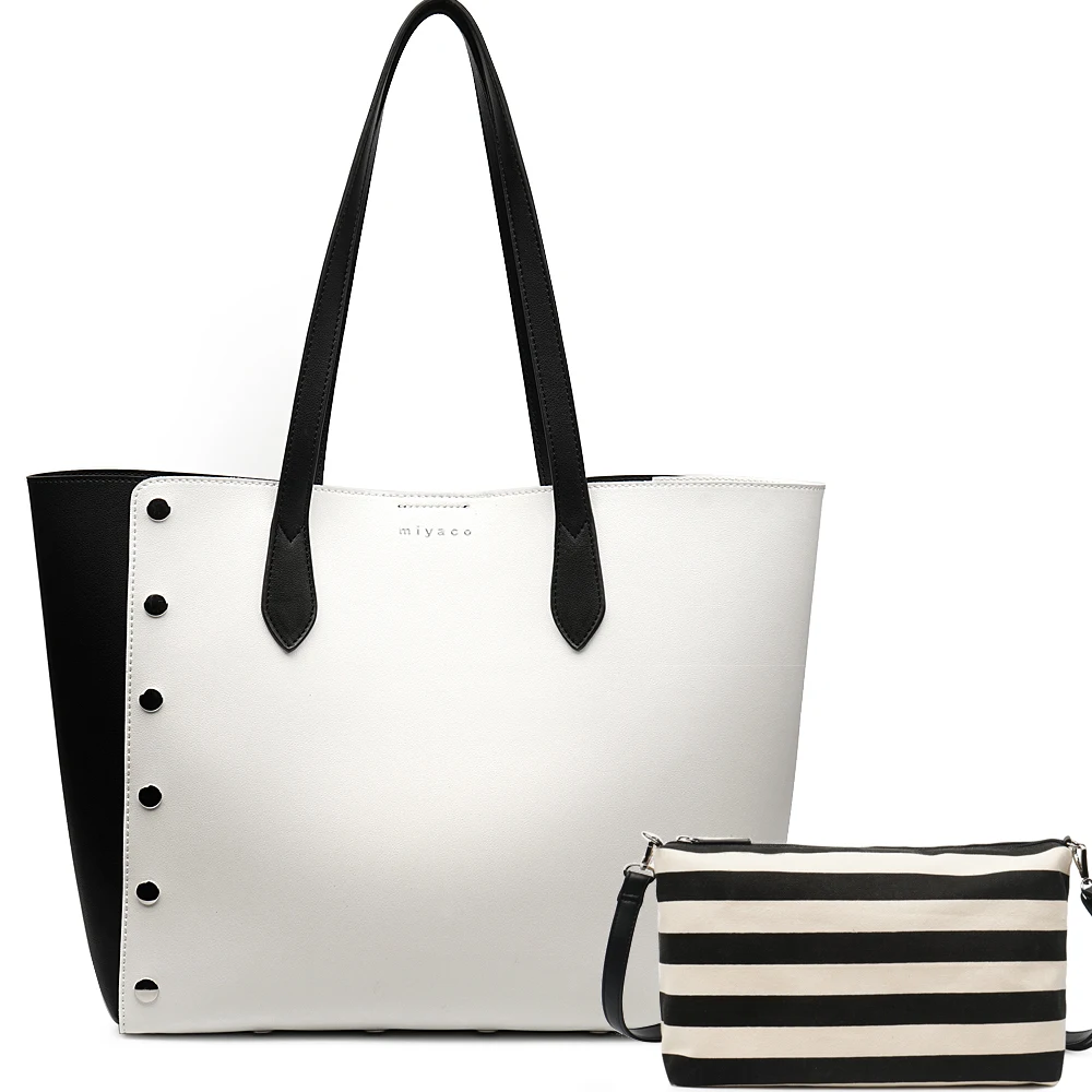 

MIYACO Women Totes Shopping Bag White Shoulder Bag Beach Bag Designer Handbag Rivet Ladies purse with inner canvas bag