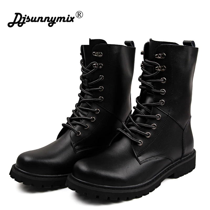 

DJSUNNYMIX New Autumn Winter Warm Boots Men Big size 38-48 British Style Genuine Leather Mid-calf Boots Martin Man shoes