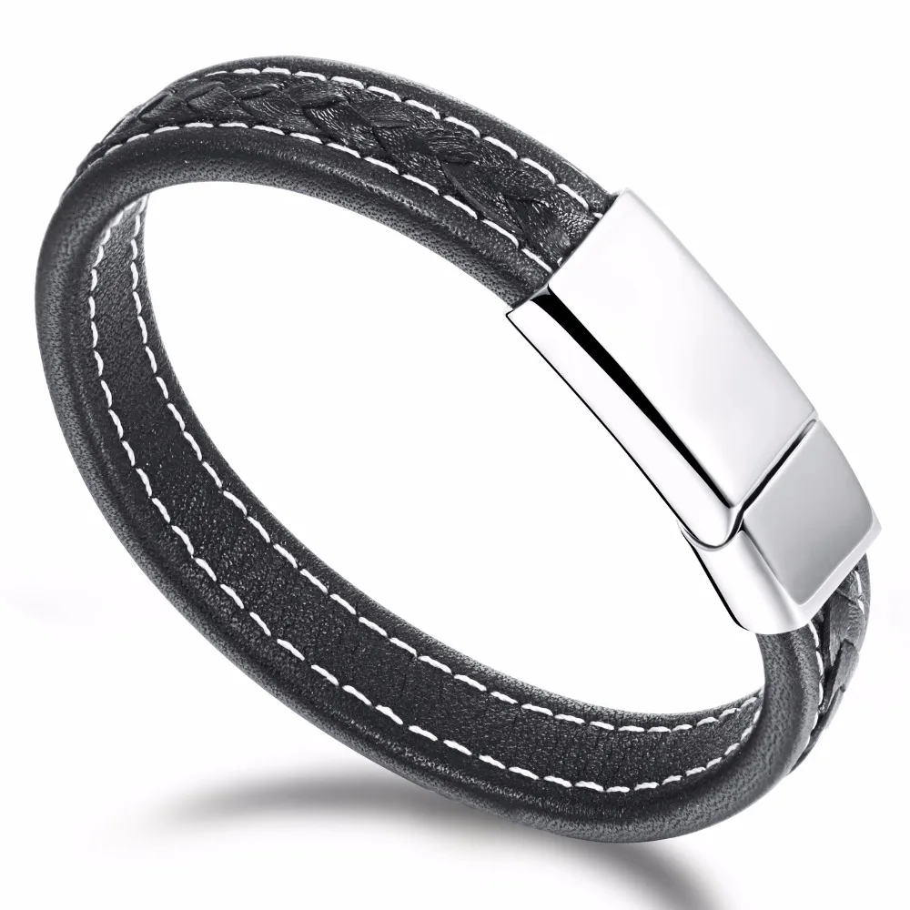 Hot Sell Black Genuine Leather Bracelet for Men Jewelry Wholesale Steel Magnet Buckle Bangles ...