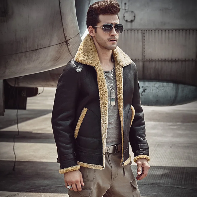 Мужская куртка s Aviator B3 из овчины, мотоциклетная куртка, повседневное пальто для путешествий, зимняя кожаная куртка коричневого цвета для мужчин