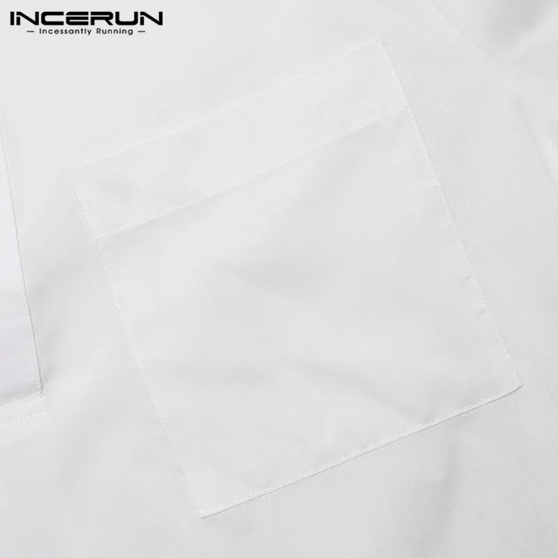 INCERUN Lapel Shirt Men Solid Color Slim Collar Long Section Long-sleeved Shirt Beach Wind Loose Casual Streetwear Camisas
