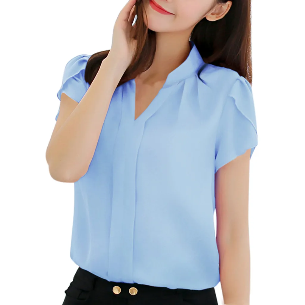 TELOTUNY, женская блузка из полиэстера, новинка, женская летняя офисная блуза с v-образным вырезом и коротким рукавом, модная шифоновая блузка, топы MARC22 - Цвет: Blue