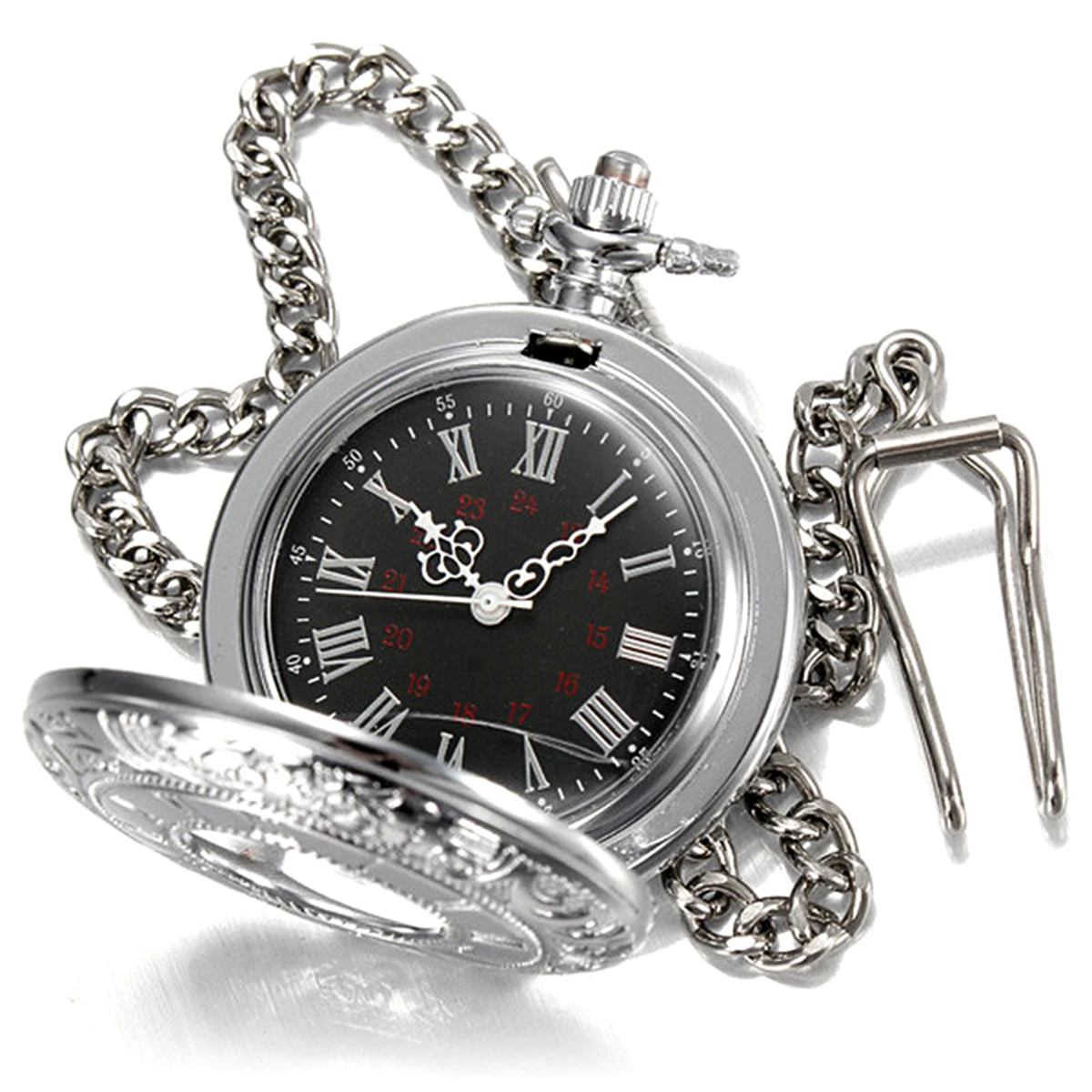 Vintage Silver Hollow Round Case Roman Numerals Black Dial Quartz Pocket Watch