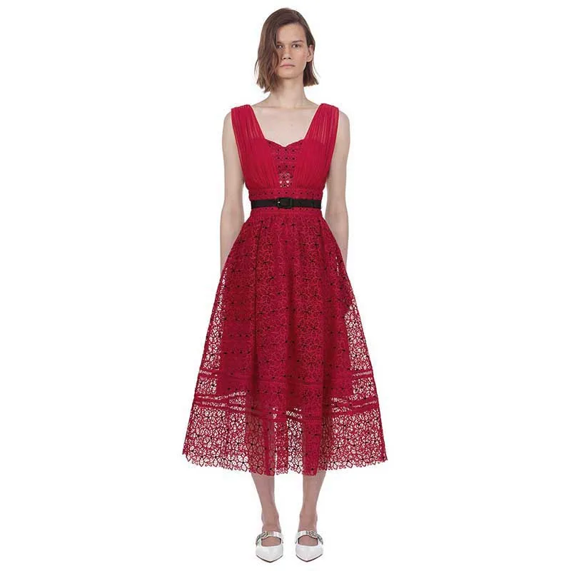 Летнее новое поступление женское платье миди без рукавов элегантное красное кружевное платье
