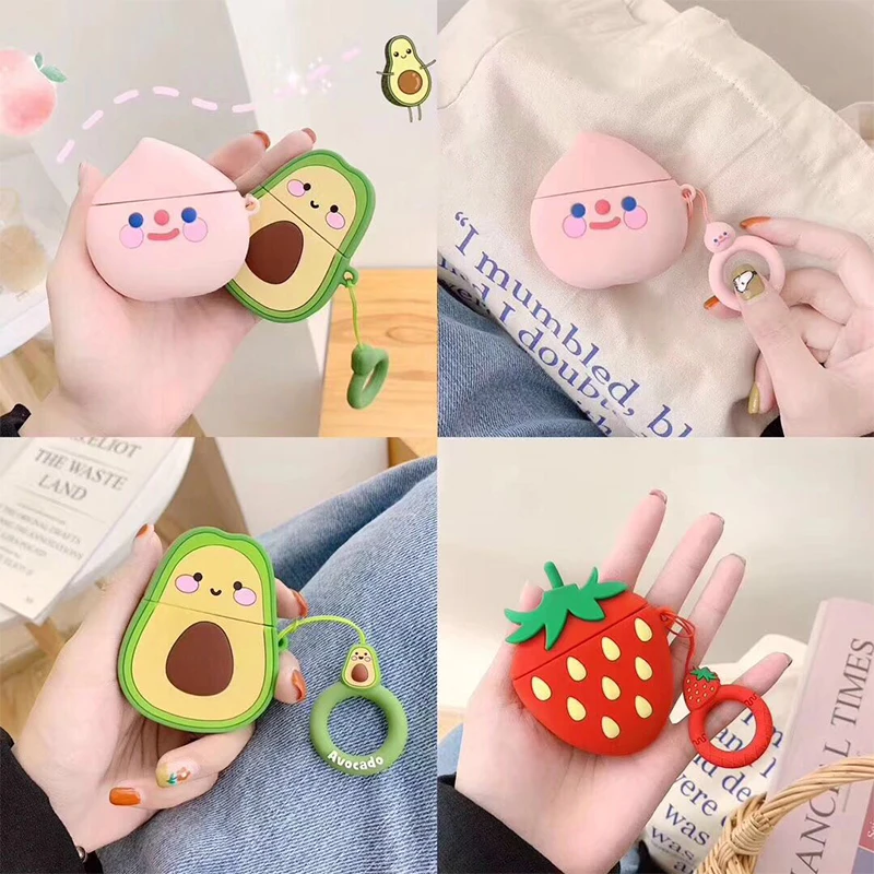 Case For Apple AirPods 2 1 Earphone Soft TPU Case For Apple Air Pods 1 2 Cute Cartoon Strawberry Avocado Peach Cover With Hooks