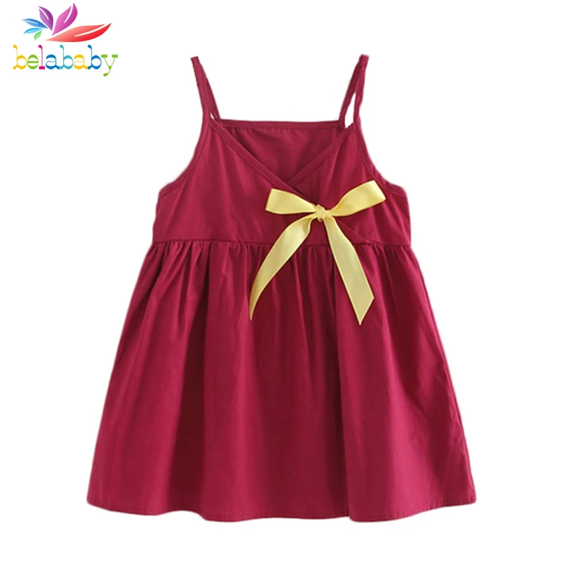 Belababy Summer Baby Girls Dresses 2018 Solid Color Cute Bowknot Princesse Birthday Party Dress For Girl