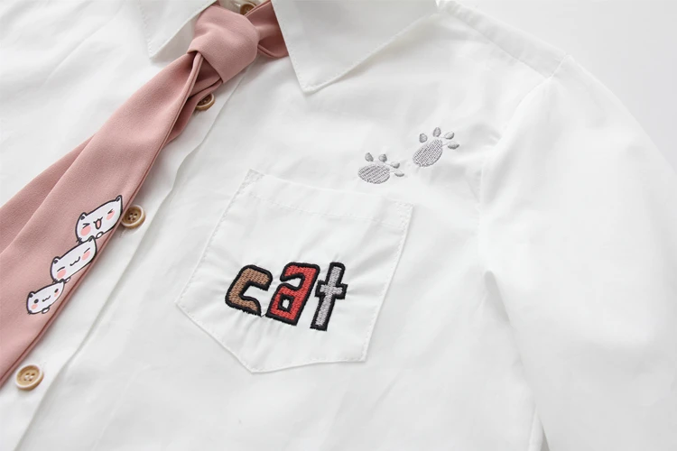 Japanese Mori Girl Autumn Spring Women Shirt Cute Kawaii Cat Footprint Bow School Uniform Preppy Style Anime White Blouse