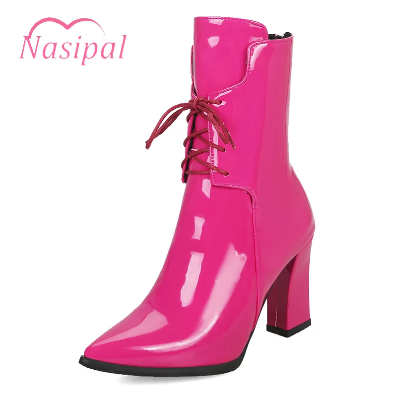 

Nasipal Patent Leather Rosy Red Pointed Toe Mid Calf Boots Woman Shoes Back Zipper Half Boots Lace Up Ladies Autumn Footwear