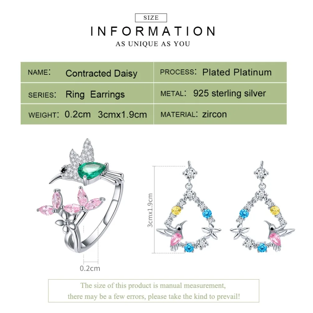 BISAER 925 пробы Серебряный ювелирный набор птица Колибри поздравление цветок цвет CZ Ювелирные наборы для женщин серебро 925 ювелирные изделия