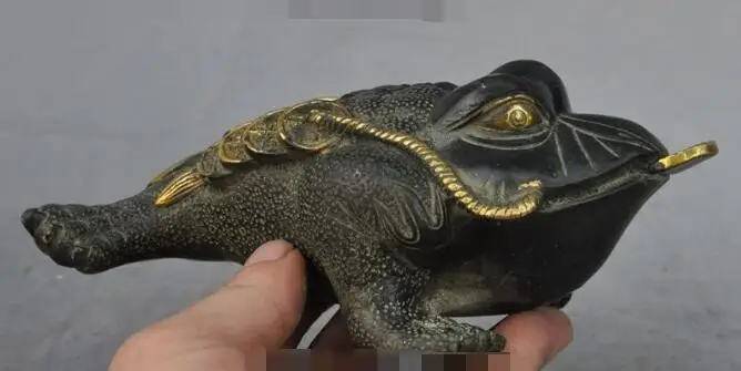 

S3556 7"mark china bronze gilt fengshui animal Golden Toad Spittor wealth money statue