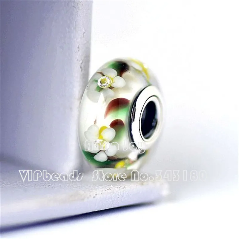

2PCS S925 Sterling Silver Screw Core Wild Flowers Clear CZ Murano Glass Charm Bead Fits European Style DIY Jewelry Bracelets