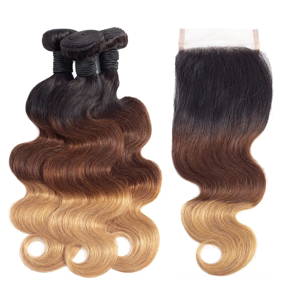 

Piaoyi Brazilian Body Wave 3 Bundles With Closure T1B /4/27 Ombre Human Hair Bundles With Closure 100% Non Remy Hair Extensions