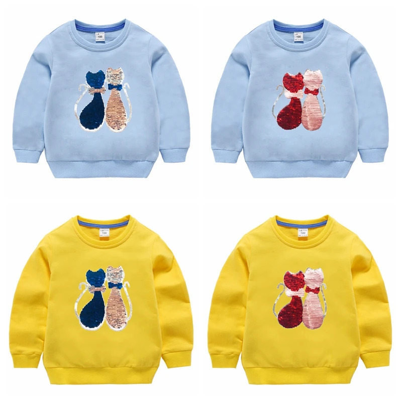 Double Sided Sequin Flash Glitter T-Shirts For Girls Sequins T Shirt Girls Cartoon Cat Kids Tshirt Summer Teen Clothes For Girls