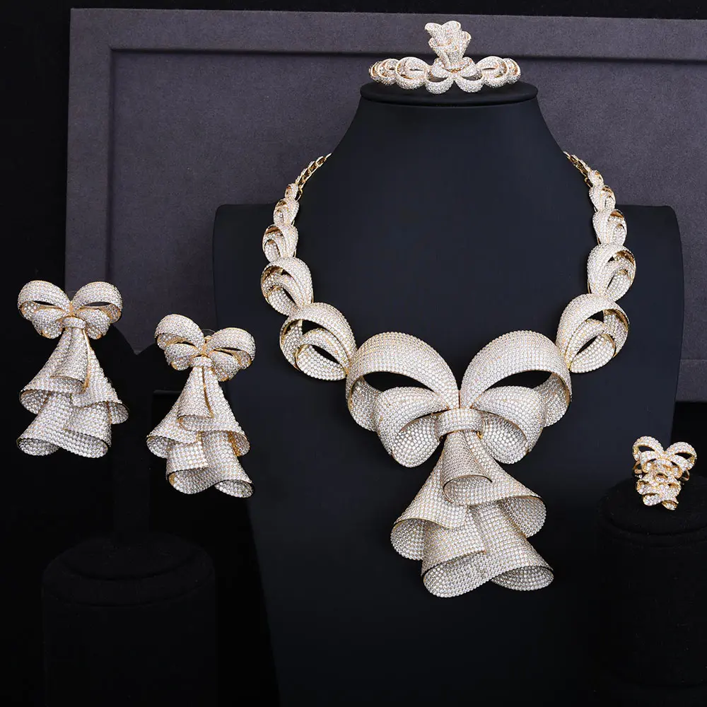 

GODKI Super Shiny Famous Brand Luxury Bowknot Women Wedding Cubic Zirconia Statement Necklace Earring Bangle Ring Jewelry Set