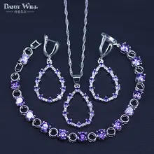 Груша Форма фиолетовые циркония 925 стерлингового серебра ювелирные наборы для женщин браслет серьги ожерелье Подарочная коробка для кулона
