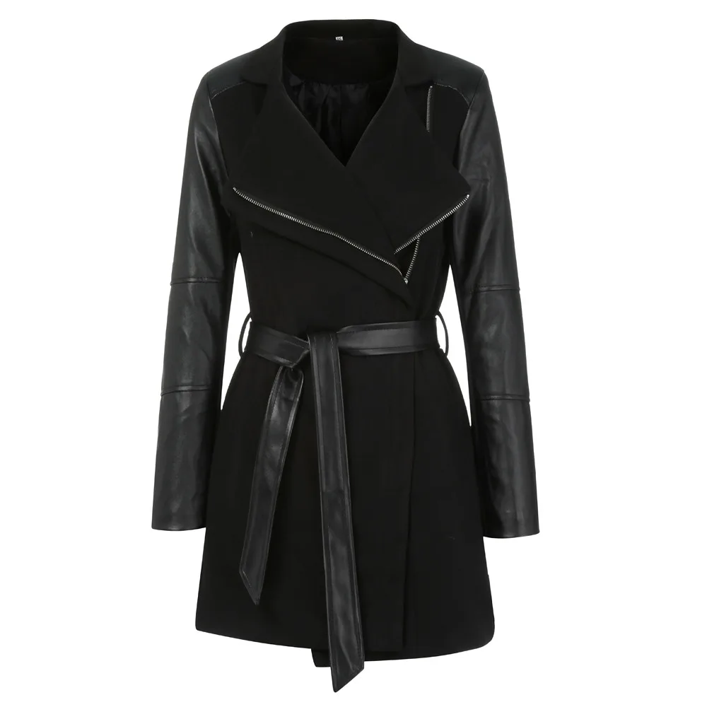 Womail, женские пальто из смешанной ткани, кожаное зимнее пальто в стиле пэчворк для женщин,, на молнии, одноцветная длинная куртка, осеннее пальто, casaco feminino F713 - Цвет: BK