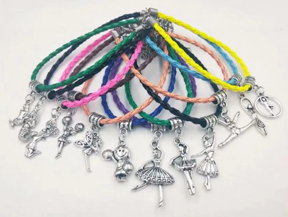 

12 pcs Mixed Gymnast Ballerina Dancing Mermaid Fertility Goddess Leather Cord Charm Bracelets Handmade New Fashion Jewelry
