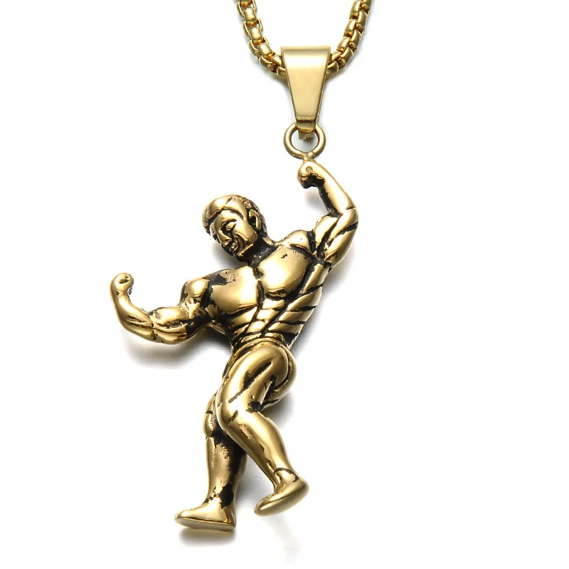 HIP Gym Fitness Strong Men Necklace Gold font b Silver b font Stainless Steel Chain Bodybuilding