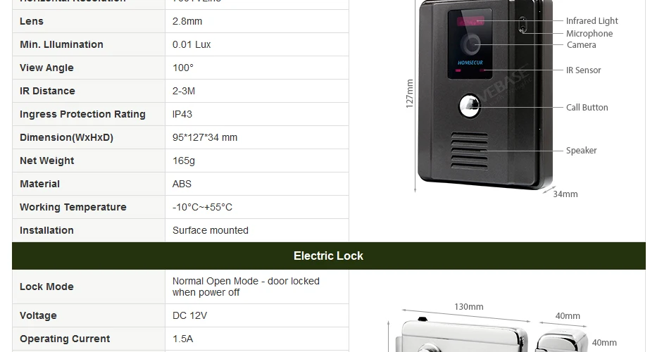 HOMSECUR 7 "проводной телефон видео домофон Системы + монитор для Apartme: L3: TC011-B Камера (черный) + TM703-W монитор (белый) + замок