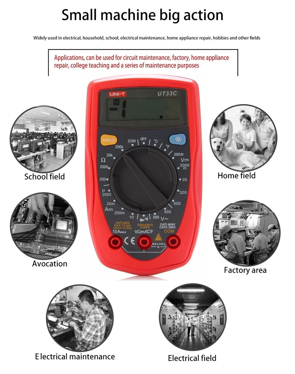 

UNI-T UT33C Digital Multimeter DC/AC V/A Cap Frequency Res Diode Tester Manual LCD Meter Ammeter Multitester
