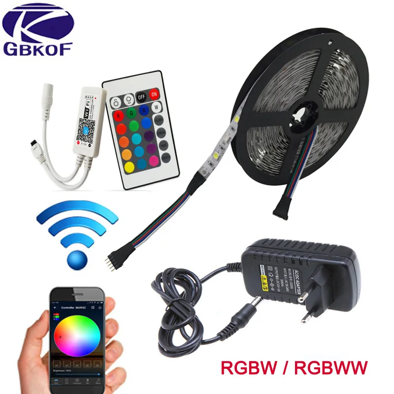 

WiFi Control RGB RGBWW RGBW Led Strip Light Waterproof 5M 10M Flexible Led tape diode ribbon+WiFi 24Keys Controller+Adapter set