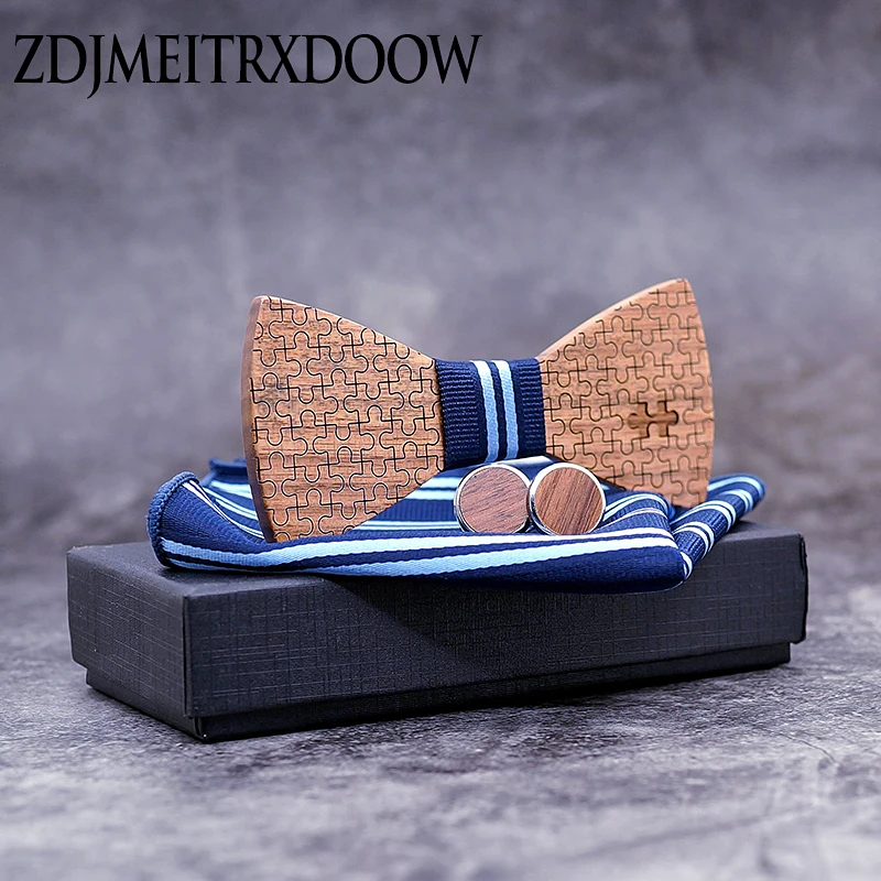  Wood Bowtie+Handkerchief+Cufflinks Sets for Mens Suit Wooden Bow Tie Bowknots Jigsaw puzzle Wedding