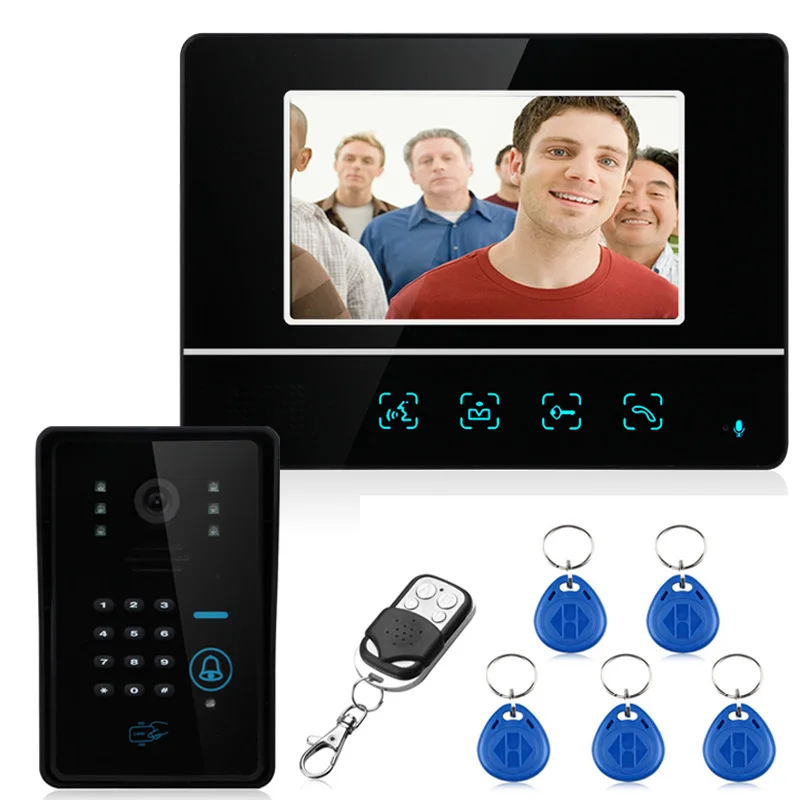 MOUTAINONE Wired Touch Key 7\ Video Door Phone Intercom System 1 RFID Keypad Code Number Doorbell Camera 1 Monitor 1000TVL