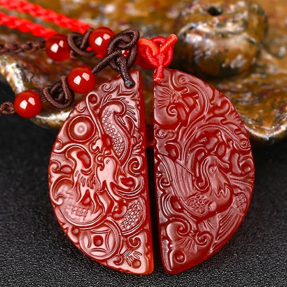 

Fine Jewelry Pure Natural Red Agates Fine Polishing Lovers Dragon Phoenix Pair Necklace Pendant Free Shipping