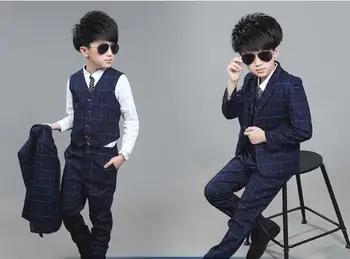 

Formal 3pcs Winter Autumn Boys suit British Style Boys Waistcoat Uniform Suit Blue Boys Wedding party Suit vest+pants+suits