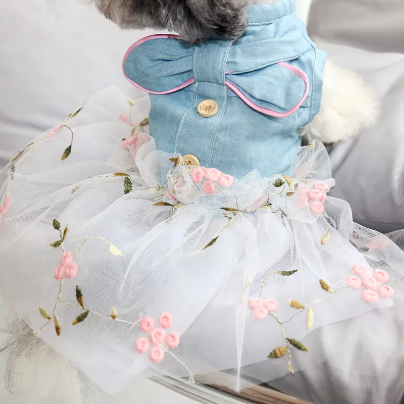 

Pet Dog Dress Summer Cowboy Puppy Clothes Handmade Embroidery Jean Lace Dress For Small Dogs Dress Chihuahua Poodle Pug