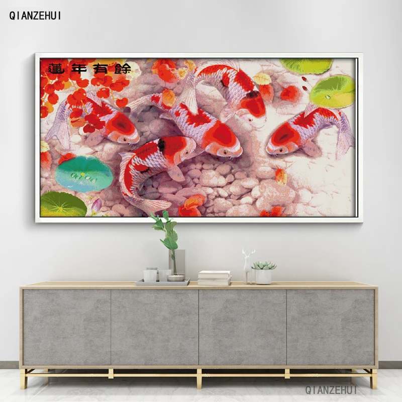 

QIANZEHUI,Needlework,DIY printing Surplus year after year Cross stitch,Nine fish Sets For Embroidery kits Cross-Stitching