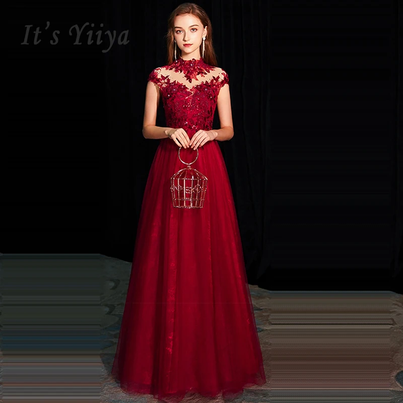 

It's Yiiya Evening Dress High Collar Robe De Soiree Lace Women Party Dresses 2019 Long Plus Size Sleeveless Formal Gowns E662