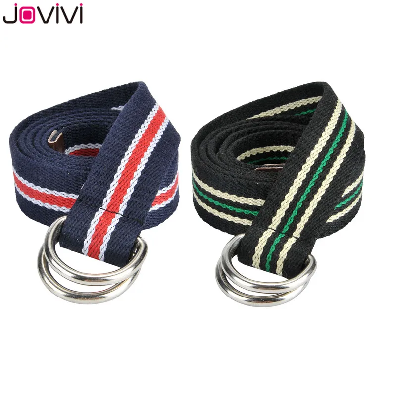 Men/'s Women/'s Adjustable Double D Ring Buckle Waist Belt Canvas Stripe Waistband
