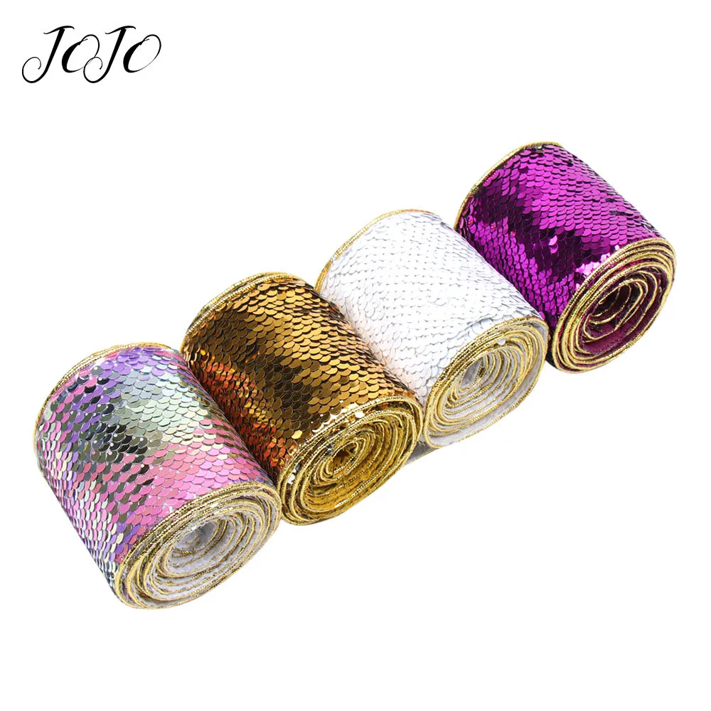 

JOJO BOWS 75mm 2y Reversible Sequin Ribbon For Craft Gold Line Edge Tape For Needlework Handmade Hair Bow DIY Craft Supplies