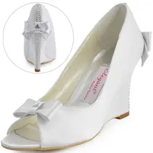 Freies verschiffen EP41020 Frauen Abendgesellschaft Peep Toe Satin Bogen Strass 3,5 «Keile Ferse Hochzeit Braut Schuhe US4-11