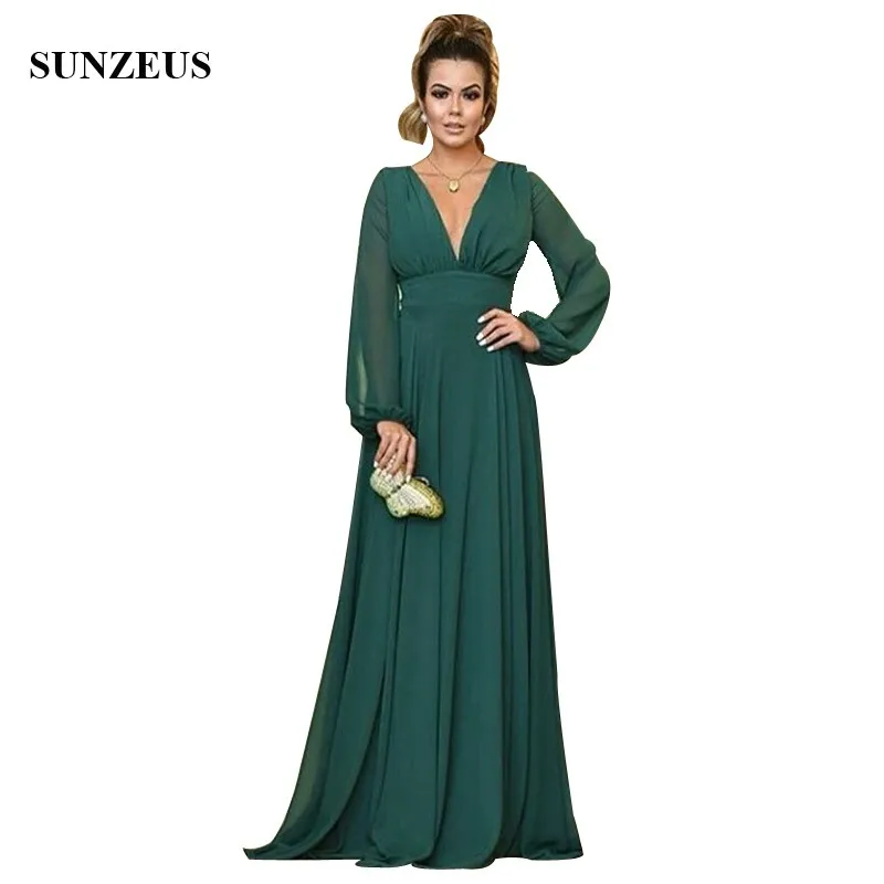 

Long Sleeves Mother Of The Groom Dresses Empire V-neck A-line Green Chiffon Bridal Mother Dress Simple Long Women Party Dress
