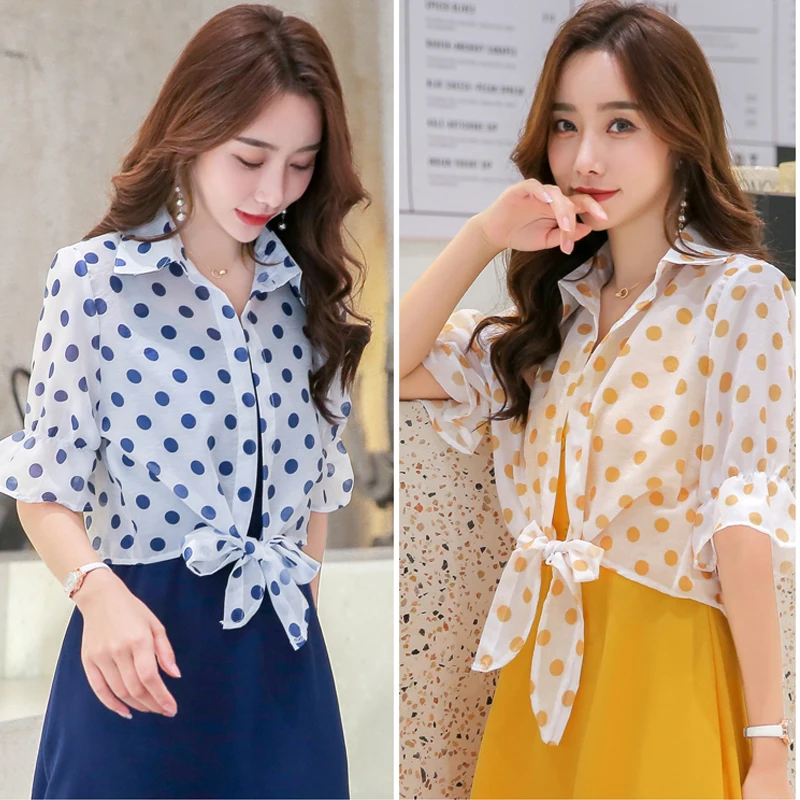 

2019 Summer New Fashion Polka Dot Small Shawl Chffion Ladies Tops Flare Sleeve Sunscreen Shirt Shawl Short Women Chiffon Tops