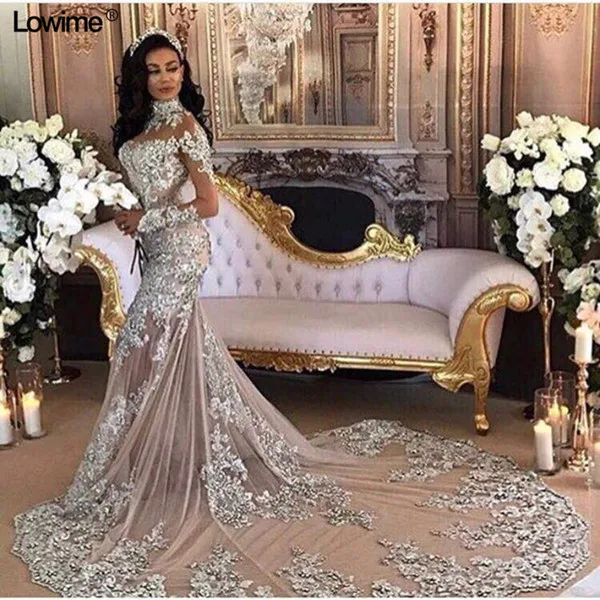 Иллюзия vestido de noiva свадебное платье мусульманское Русалка с длинными рукавами Кристалл Бисером Дубай арабское свадебное платье - Цвет: picture color