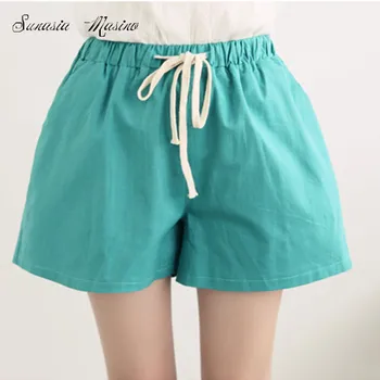 

linen cotton trousers high quality brand women elastic waist plus size shorts solid loose fashion shorts
