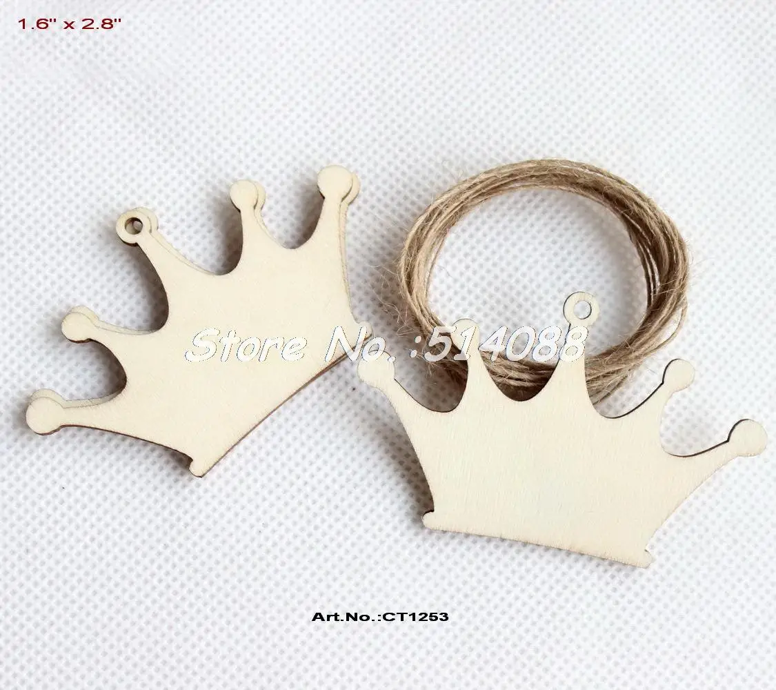 (30pcs/lot)70MM Blank Rustic Wood Crown Tag Wedding Tags With Strings 2