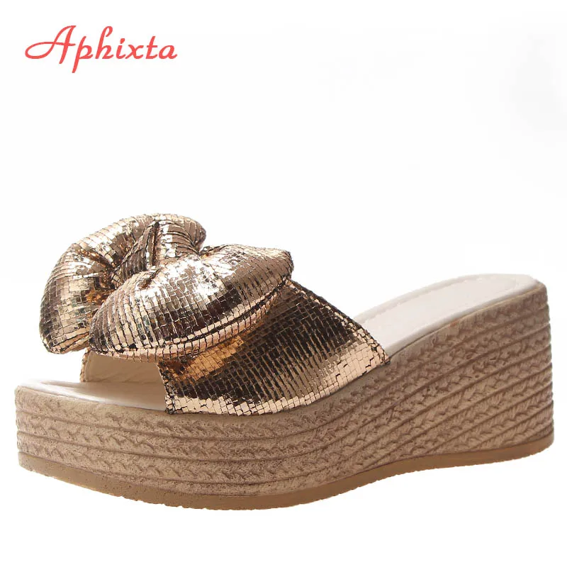 

Aphixta 7cm Wedge Heels Slides Women Shoes Woman Gold Sequined Cloth Flip Flops Platform Shoes Woman Beach Slipper Zapatos Mujer