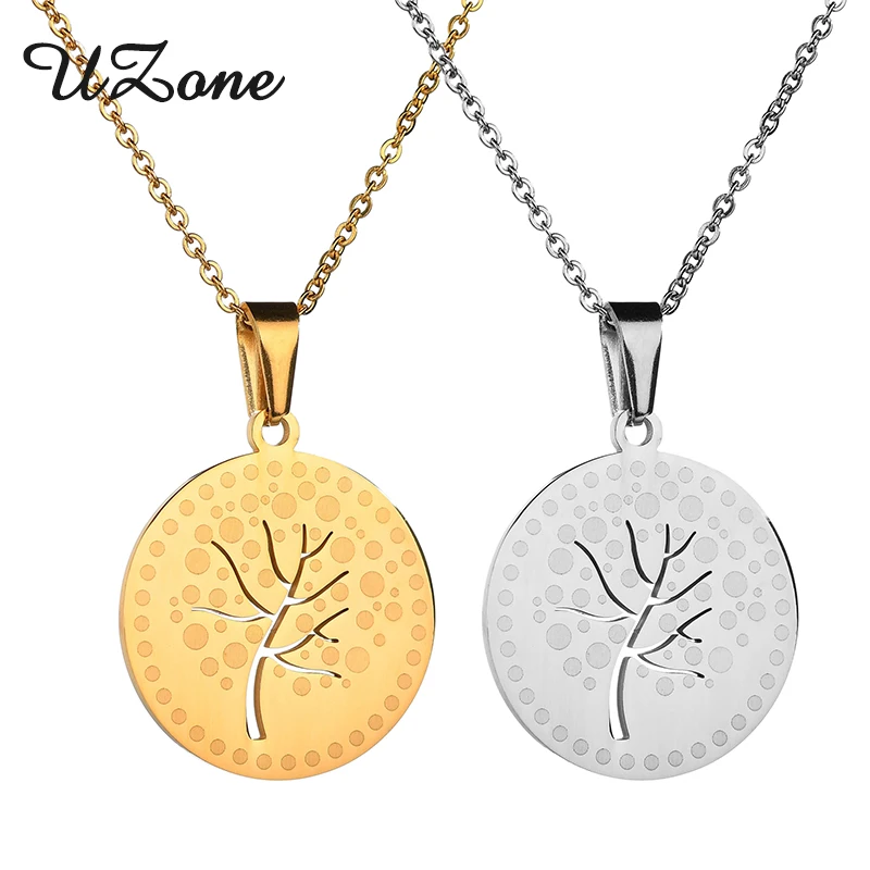 

UZone Silver Tree of Life Necklace Round Medallion Long Necklace Coin Fashion Jewelry Gift For Women Acero Inoxidable