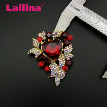 

50pcs/lot Cheap Women's Elegant AB Rhinestone Flower Brooch Red Heart Shape Crystal Brooches Pins