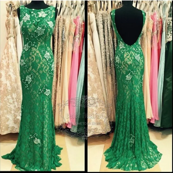 2017 New Designer Formal Dress Green Lace Tank Sleeves Open Back Long Mermaid Prom Evening Elegant Party Gown | Свадьбы и торжества
