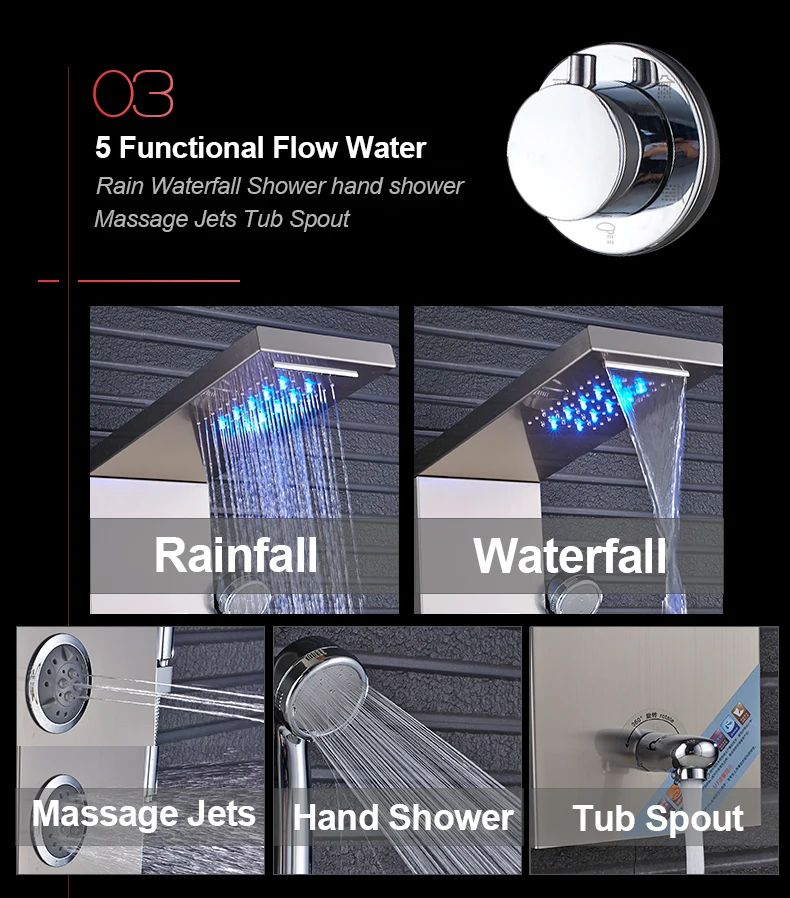 Роскошный светодиодный смеситель для душа с дождевым водопадом, душевая панель, колонка, 4 многофункциональные насадки, массажная спа струя, температурный экран