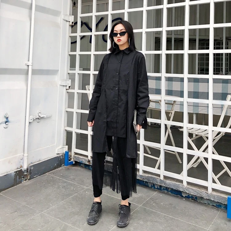 

Street dark wind fashion Lapel stitching screen yarn hollow loose yard in the long dress