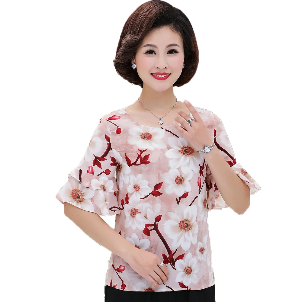 

Summer Spring Women Blouses Middle Flare Sleeve Red Yellow Flower Pattern Print Tops Woman Round Collar Shirts Lady Chiffon Top